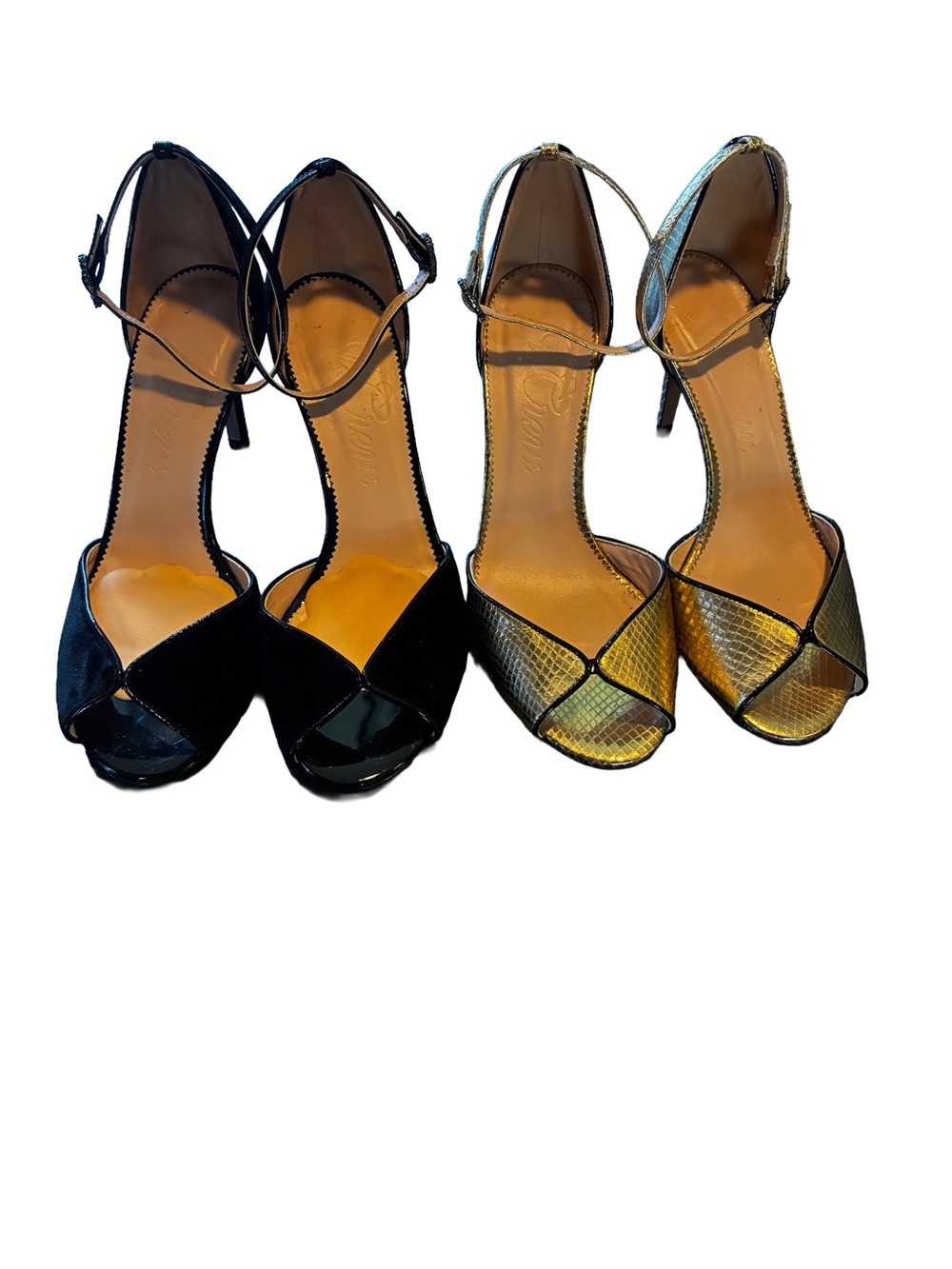 J.Crew Rylie Peep Toe Heels Bundle Black Velvet & Gold Italian Leather Size 7.5